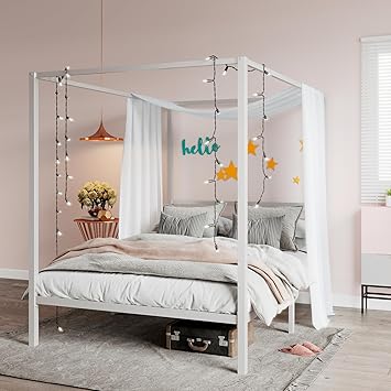 SHA CERLIN Canopy Bed Frame Full Size/Mattress Foundation with Metal Slats Support/No Box Spring Needed/Easy Assembly/White