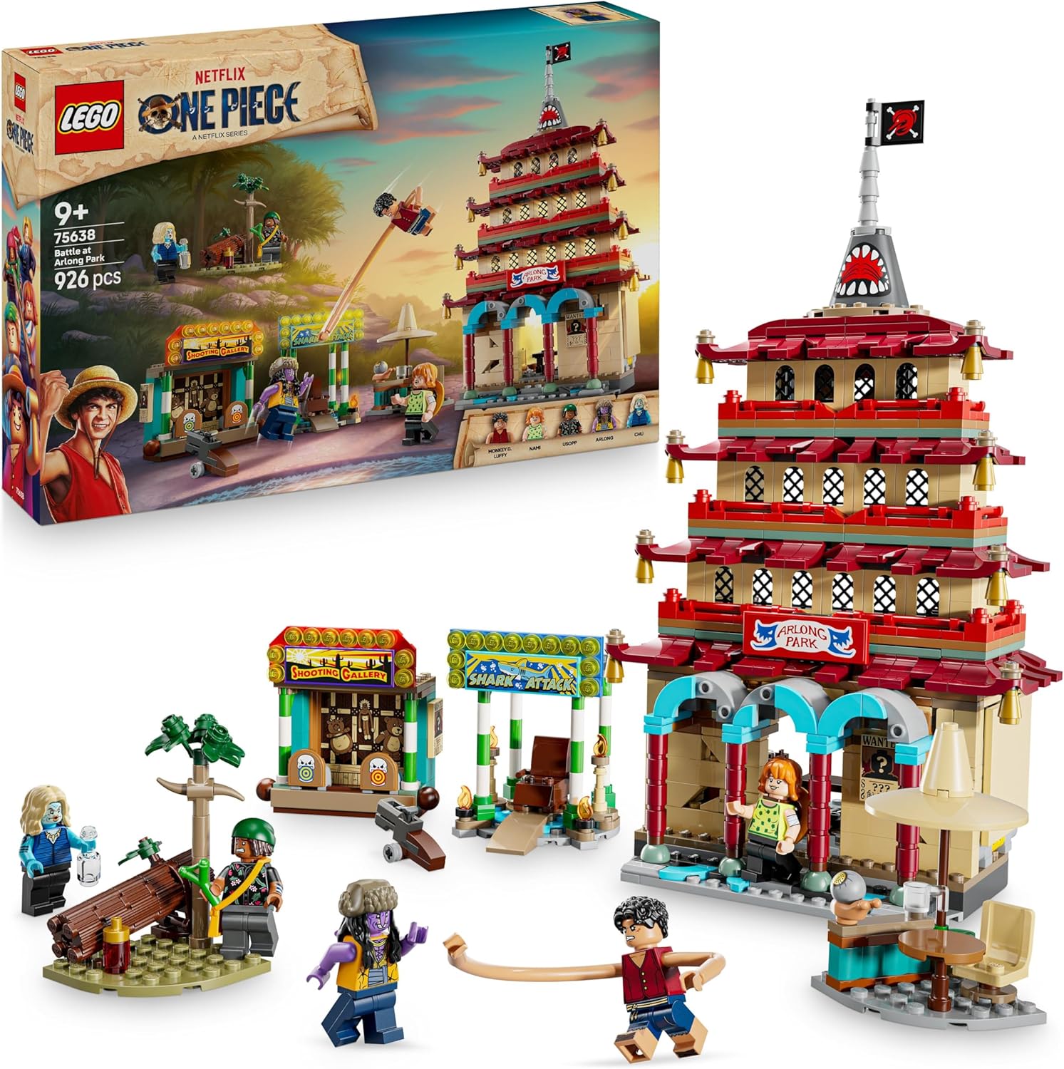 LEGO ONE PIECE Showdown in Arlong Park - Interactive Toy with 5 Mini Figures - Ruffy & Nami and a Collapsing Pagoda - Anime Gift for Boys Girls & Fans from 9 Years - 75638